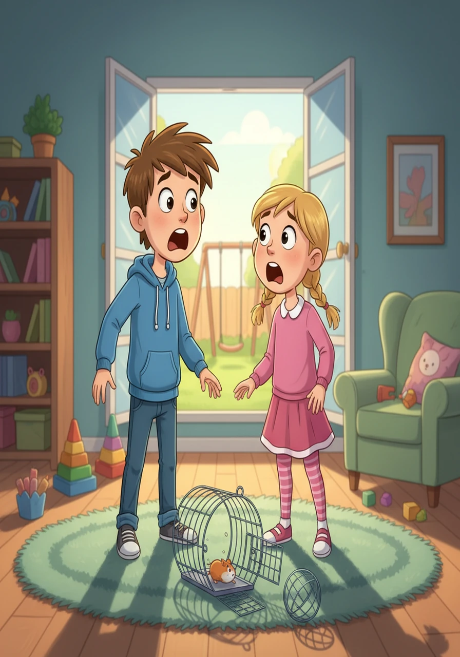 The siblings, startled and forgetting their fight, looked at each other with wide eyes. Hammy was gone! A chase began. Max, the older brother, and Maya, the younger sister, immediately started their search, their usual rivalry forgotten in the face of a common crisis.