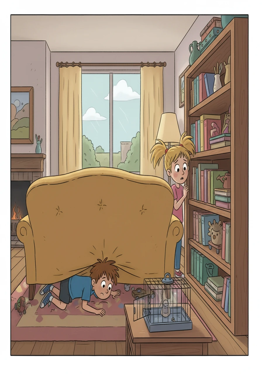 An illustration depicting the siblings beginning their search. Max, a boy with messy brown hair, is looking under a sofa. Maya, a girl with pigtails, is peering behind a bookshelf. Hammy is not visible, creating a sense of urgency.