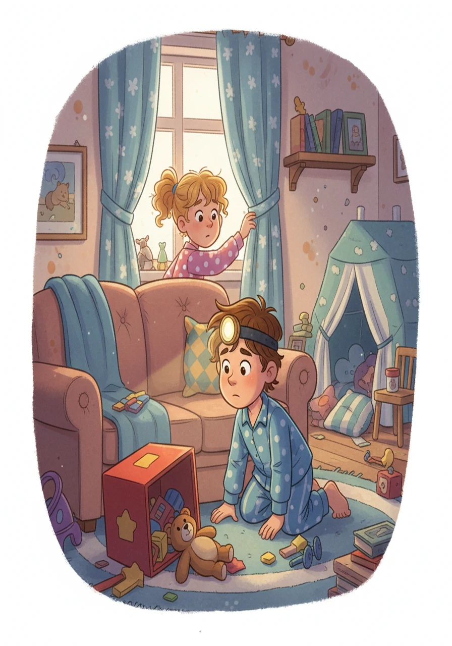 Their search led them through their cozy home. Under the sofa, behind the curtains, and even inside the toy box - Hammy was nowhere to be found. The house, usually a battlefield of their disagreements, was now a shared quest, united by their love for the little hamster.