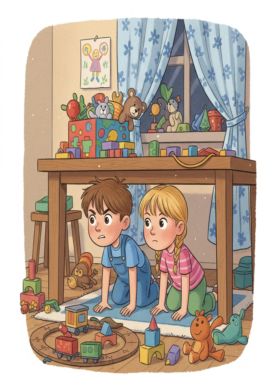 An illustration shows Max and Maya searching under a table, their faces showing determination. A toy box is open and a curtain is partially pulled back, adding to the atmosphere of a frantic search. The room is filled with toys and objects.