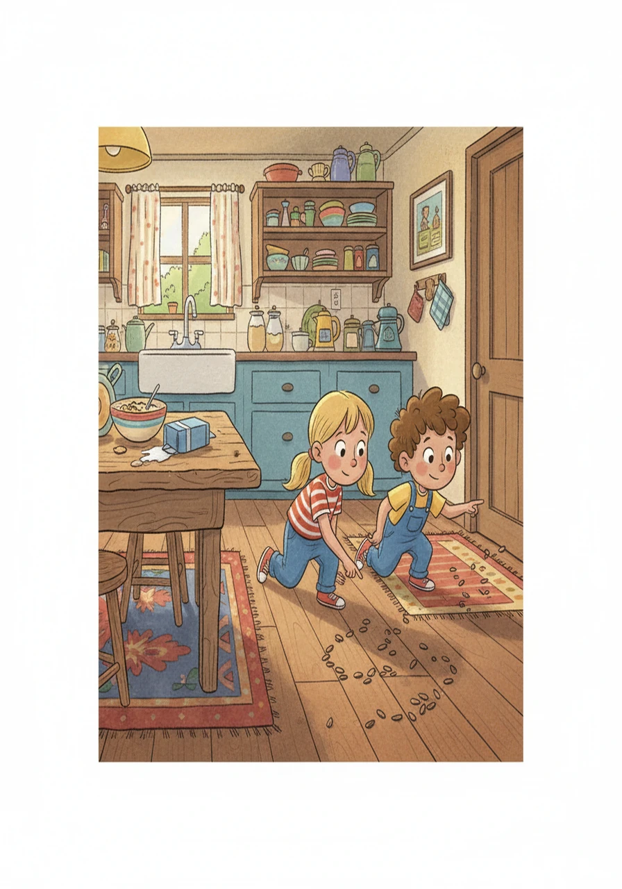 Suddenly, Maya spotted a tiny trail of sunflower seeds leading towards the kitchen. Following the crumbs, the two children cautiously crept towards the kitchen, their hearts filled with hope that they were getting closer.