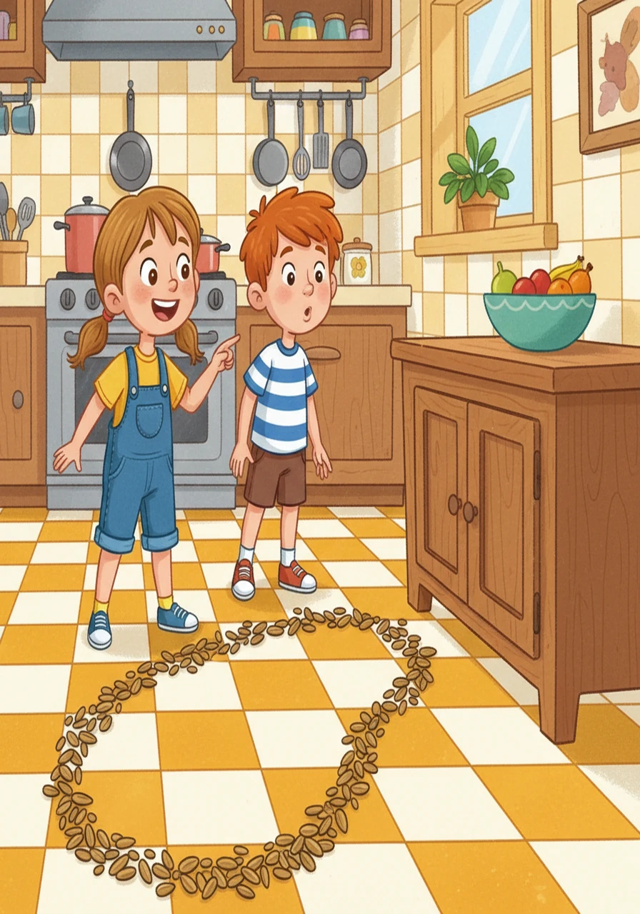 An illustration of the kitchen with a trail of sunflower seeds on the floor leading to a cabinet. Maya points at the trail with excitement, while Max looks on with anticipation.