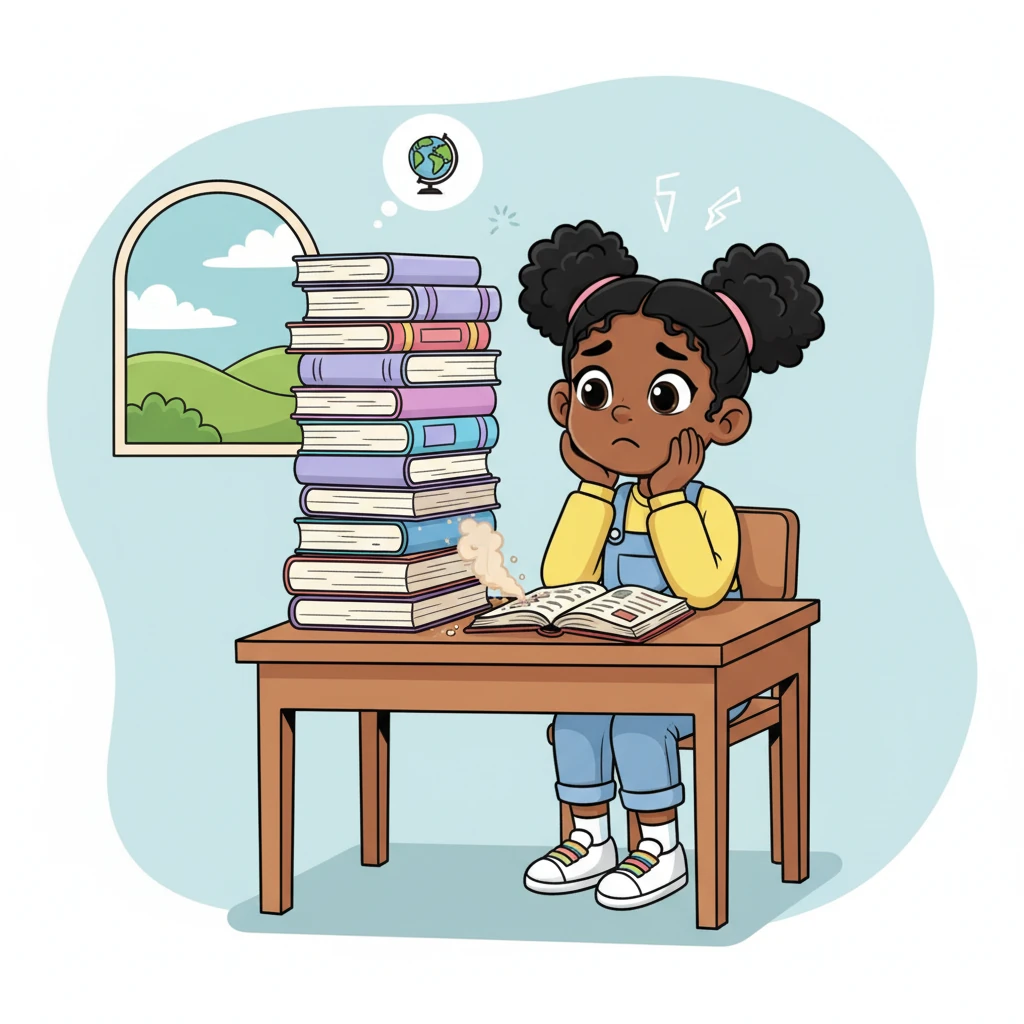 Maya sat at her desk, a pile of English books looking rather daunting. She sighed, feeling like English was a faraway land she hadn't visited in ages, her expressive face showing a hint of worry. A forgotten English dictionary lay open, gathering a tiny puff of dust.