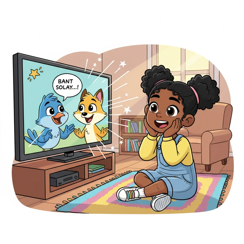 One afternoon, while flipping channels, Maya stumbled upon a lively animated show. The characters spoke English with such enthusiasm, their exaggerated gestures making her giggle. A little spark of curiosity lit up in her eyes, making her lean closer to the screen.