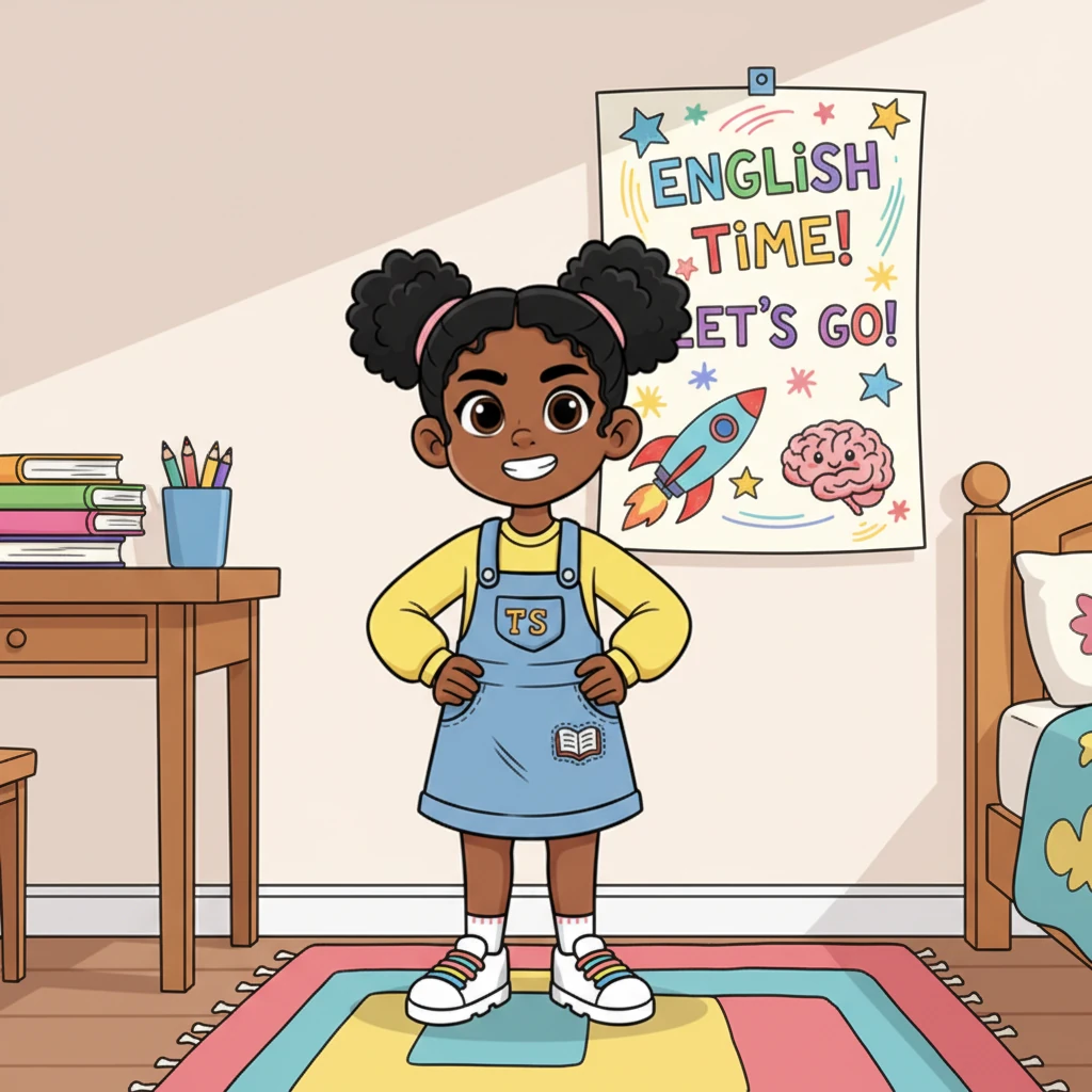 The next morning, Maya taped a bright, hand-drawn poster to her wall that read 'English Time! Let's Go!' She stood with her hands on her hips, a determined grin spreading across her face, ready to conquer the challenge once more.