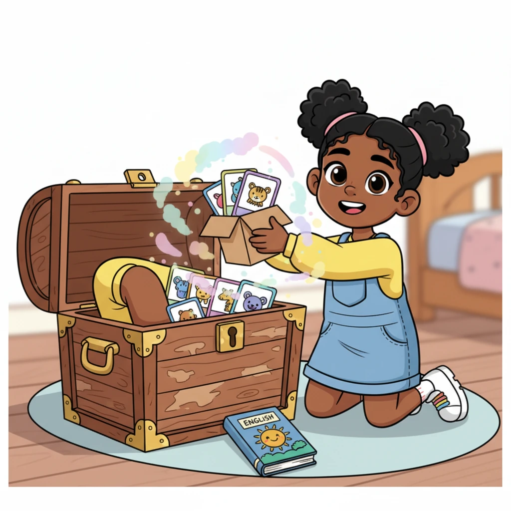 She rummaged through an old toy chest, unearthing forgotten treasures. Out came a box of colorful flashcards, a well-loved picture dictionary, and a small, friendly-looking English storybook, all covered in a playful layer of dust.