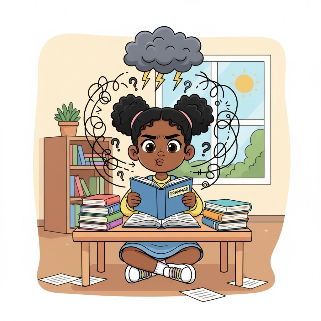 Maya began by reviewing grammar rules, but soon her brow furrowed in concentration. Squiggly lines and complex sentences made her head spin, and a tiny, comical storm cloud seemed to form above her head as she tried to understand.