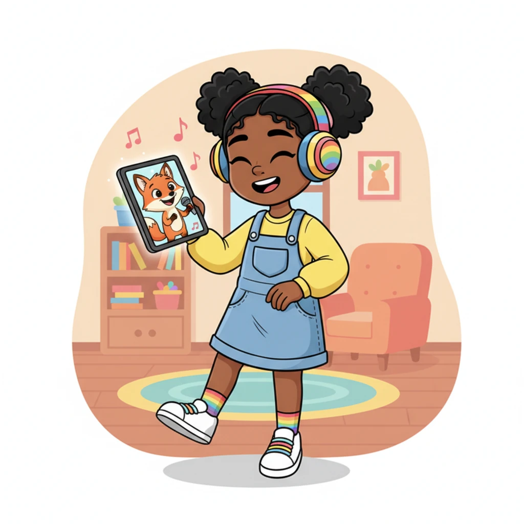 Then, she discovered a fantastic language app! A cheerful, animated fox character popped up on her tablet, inviting her to sing along to catchy English tunes. Maya put on her headphones, tapping her foot and bopping her head to the rhythm.