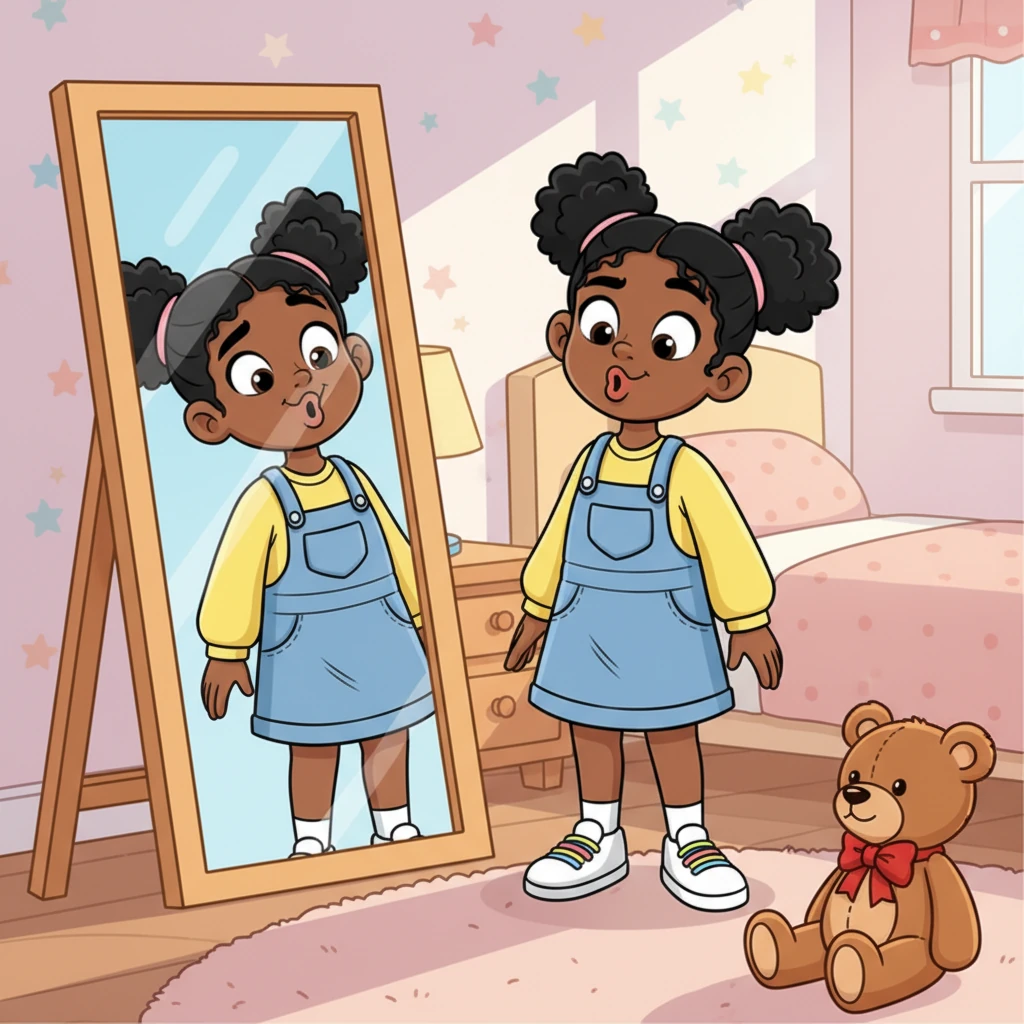Every day, Maya practiced speaking aloud. She stood in front of her mirror, making funny faces and trying out new English phrases, her reflection mimicking her enthusiastic expressions. Her teddy bear became her patient, silent conversation partner.