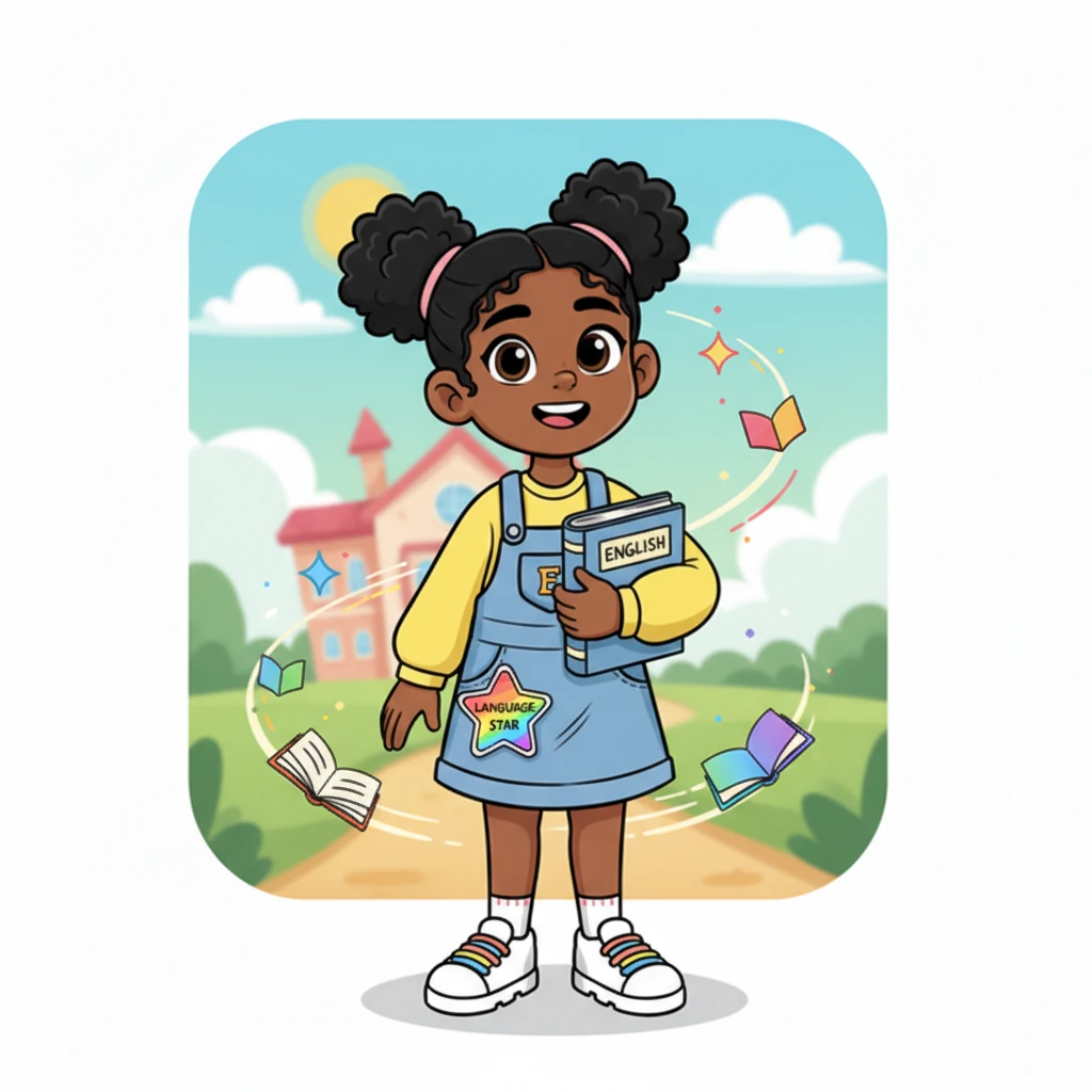 Maya stood tall, holding her favorite English storybook, a sparkly 'Language Star' badge pinned to her shirt. She had not only gotten back into English but had also discovered a whole new world of exciting possibilities, her face glowing with joy and accomplishment.