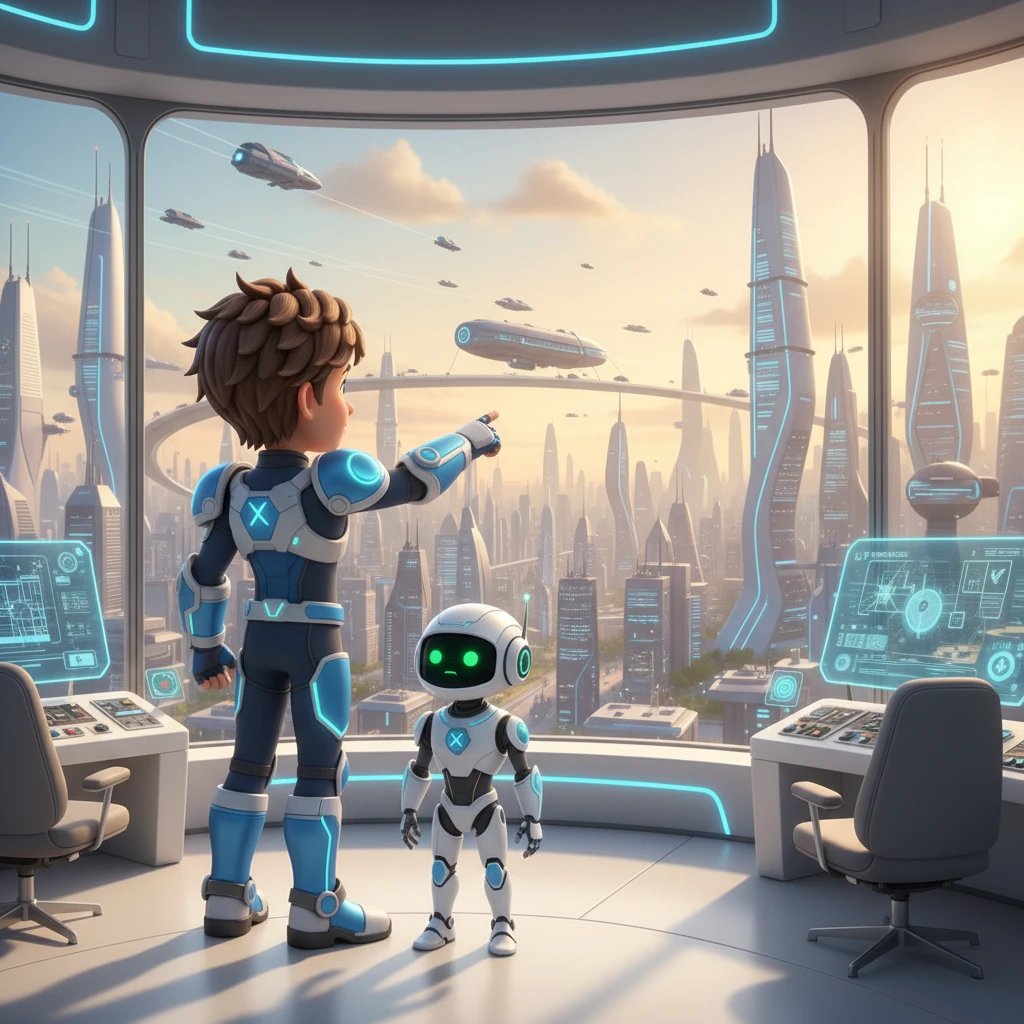 A vibrant, futuristic city skyline stretches under a clear blue sky, with advanced transports zipping between towering structures. Reploids and humans coexist peacefully, enjoying a moment of calm. X and Zero are monitoring the city from a high-tech control room, a brief respite before inevitable challenges.