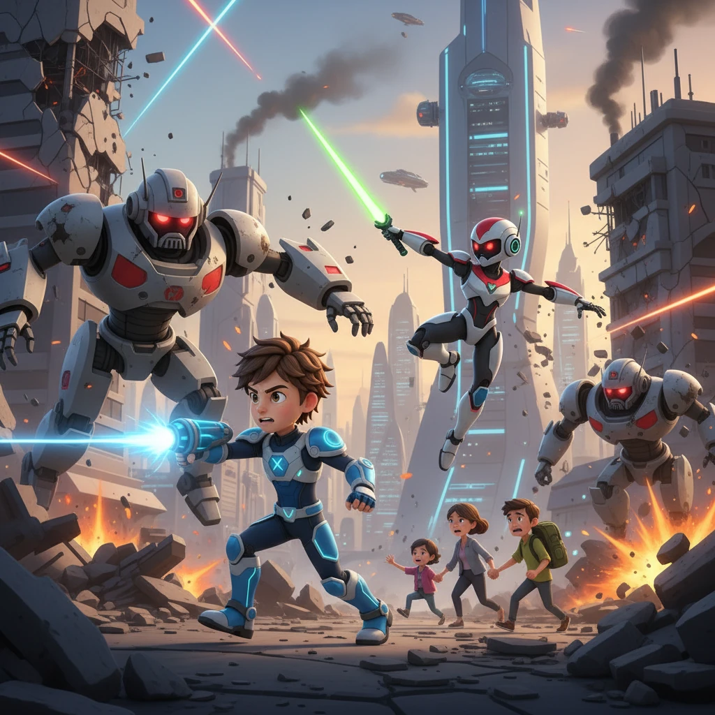 X and Zero dash through a chaotic cityscape, dodging laser fire from newly corrupted industrial robots. Civilians scatter as buildings crumble under the Mavericks' destructive power. X fires his X-Buster, swiftly neutralizing threats, while Zero slices through foes with his Z-Saber, protecting the innocent.