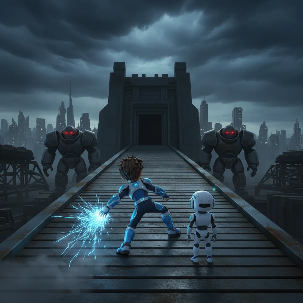 Following Sigma's energy trail, X and Zero arrive at a desolate, abandoned research facility, now repurposed into a dark, foreboding fortress. Storm clouds gather overhead, casting eerie shadows across the metallic structures. The entrance is heavily guarded by armored Mavericks, ready for battle.