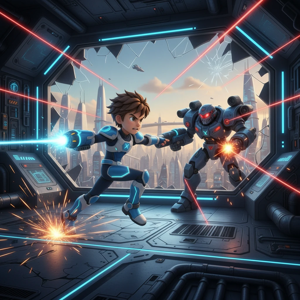 Deep within the fortress, X confronts Vile MK-II, a formidable Maverick general with powerful armaments. Lasers crisscross the chamber as X strategically dodges attacks, charging his X-Buster for a decisive blow. The battle is intense, pushing X to his absolute limits.