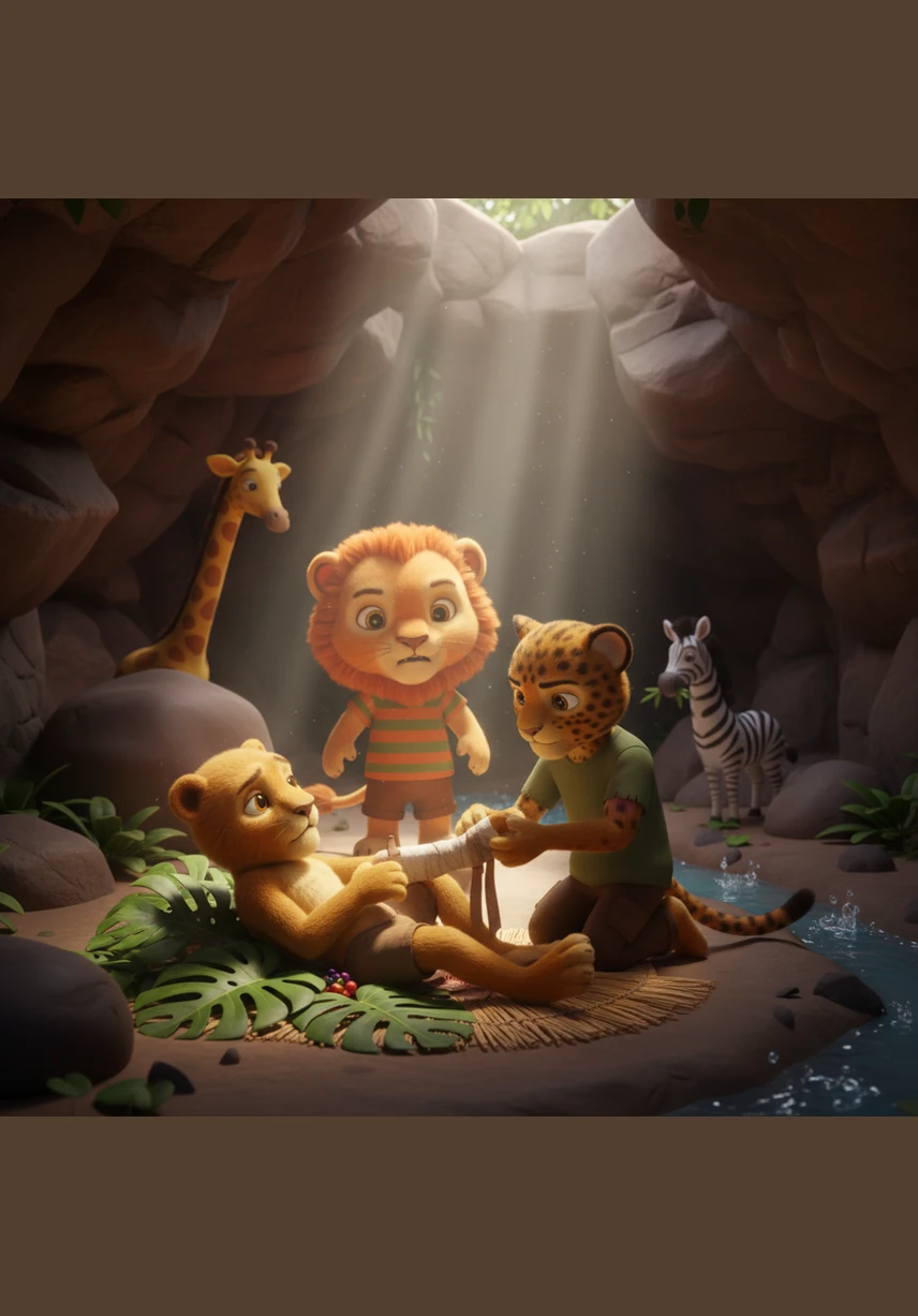 In the cool shadows of a rocky cave, Thula the lion boy sat beside his tired mother. Her stomach rumbled with hunger, and Thula knew he had to be brave. He looked at her with determined eyes, promising to find something for them to eat.