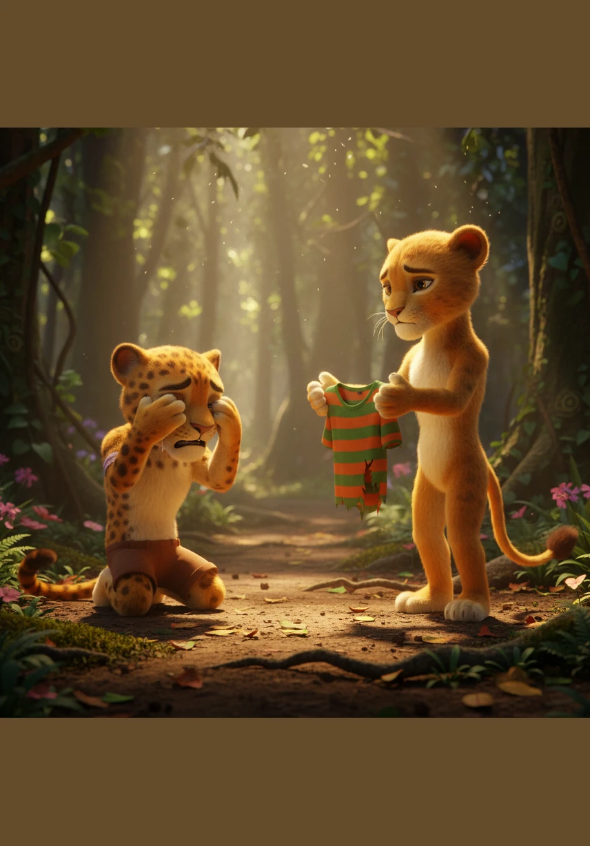 Suddenly, a loud voice echoed through the trees, making Thula jump in surprise. A spotted leopard boy named Jabu came running out of the shadows, his eyes wide with anger. "Hey! That is my meat!" he screamed, skidding to a halt.