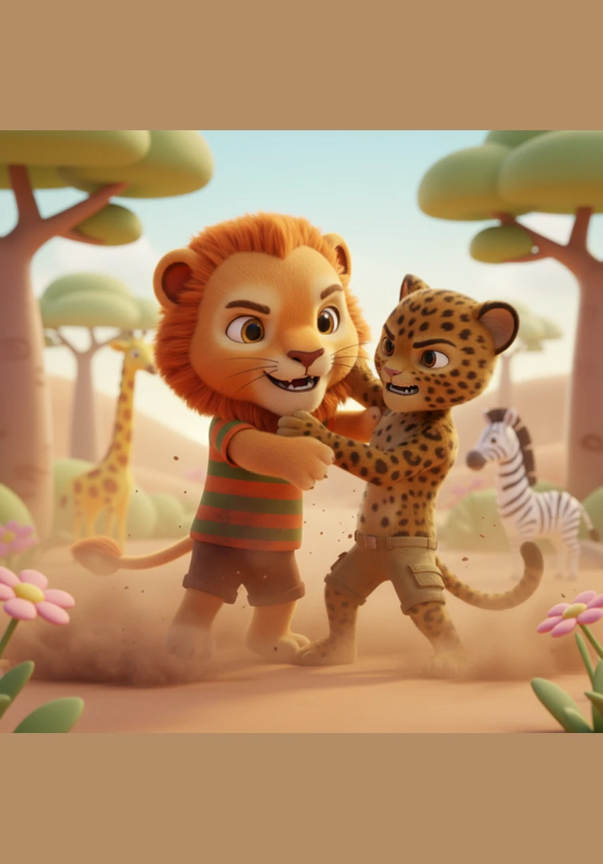 Neither boy wanted to let go, and soon a fierce scuffle broke out in the dust. They tumbled and wrestled, each pulling at the meat with all their strength. The quiet savanna was filled with the sounds of their angry growls and heavy breathing.