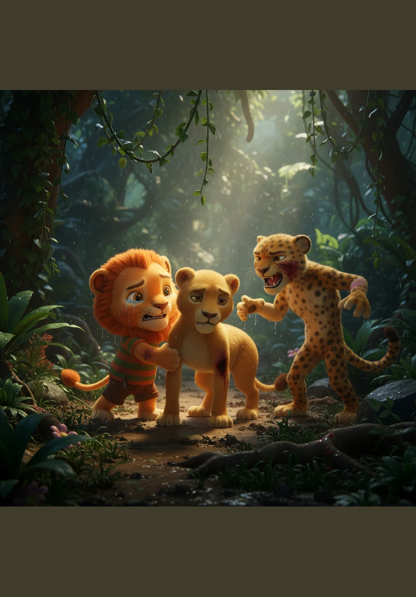 During the struggle, Jabu tripped over a tangled root and fell hard into the thorny bushes. He let out a sharp cry of pain as he clutched his arm, which was now scraped and bruised. The fight stopped instantly as Thula watched his rival tumble.