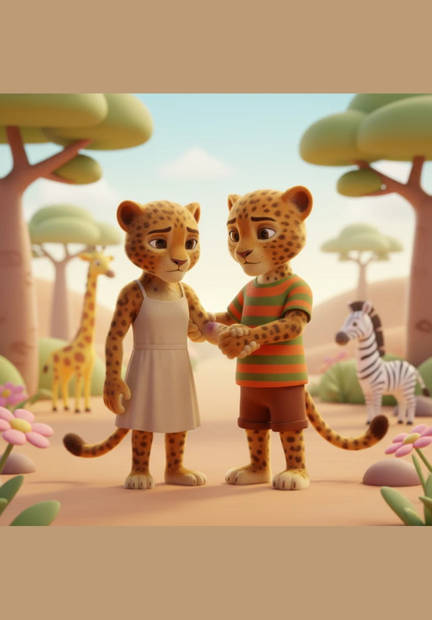 Seeing Jabu hurt made Thula’s anger vanish, replaced by a heavy feeling of sadness. He gently reached out a hand and helped the leopard boy stand up. "Are you okay?" Thula asked softly, his voice full of genuine worry.