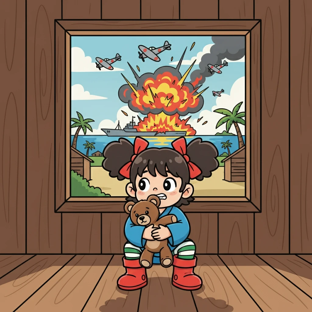 Serangan udara ke pangkalan Pearl Harbor terjadi dengan ledakan besar dan pesawat Jepang terbang rendah. Terdengar suara tentara Jepang yang berteriak, "Serangan berhasil! Saatnya melanjutkan ke selatan!" Keiko menggenggam erat boneka beruangnya, ketakutan.