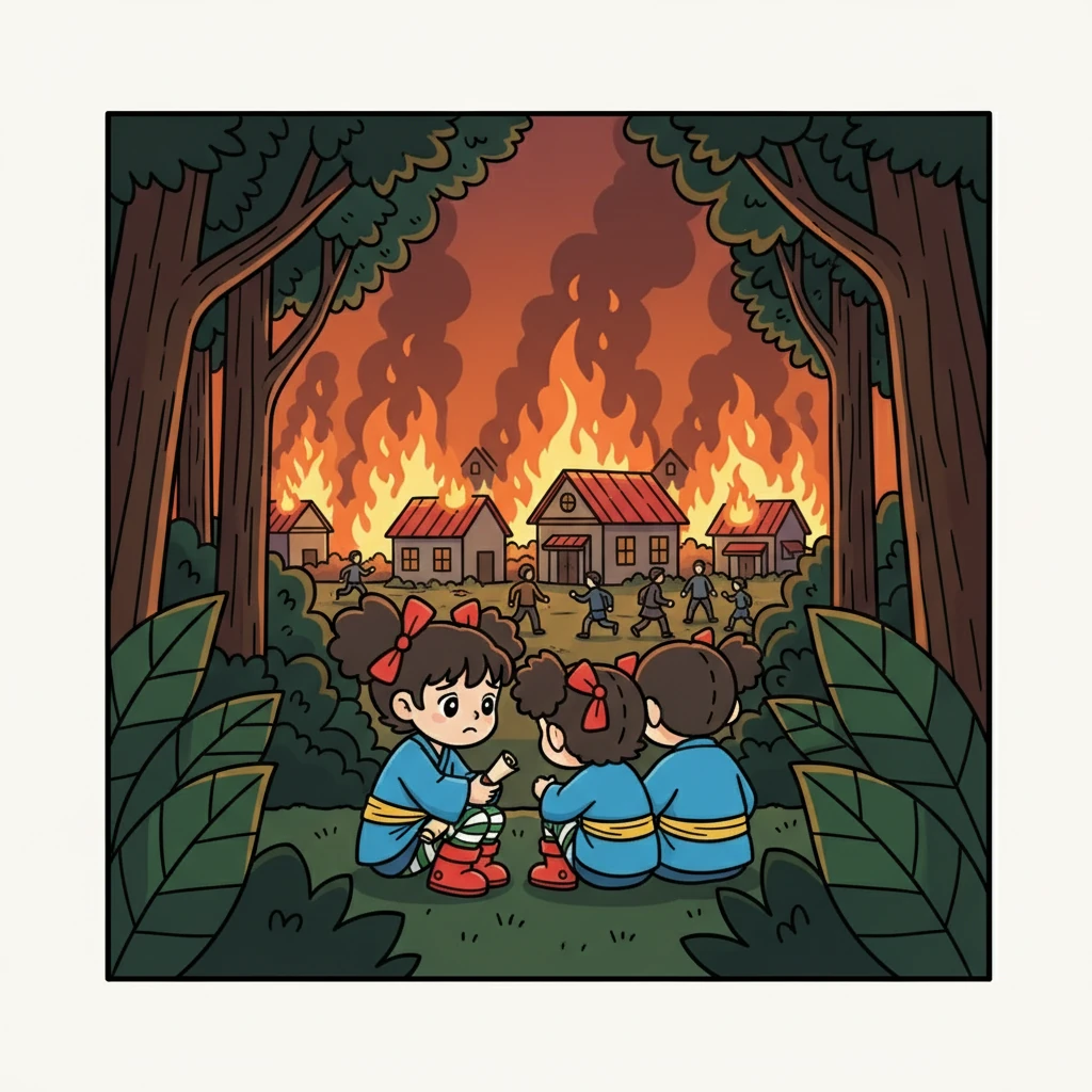 Desa Keiko diserang. Rumah-rumah terbakar, dan orang-orang berlarian mencari perlindungan. Keiko dan keluarganya bersembunyi di hutan, menyaksikan kehancuran yang terjadi di desa mereka.