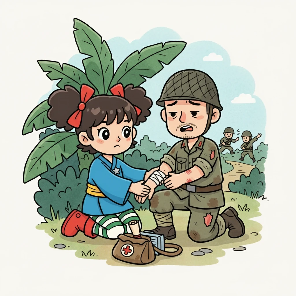 Keiko membantu menyelamatkan seorang tentara Amerika yang terluka. Ia merawat luka-lukanya dan membantunya melarikan diri dari kejaran tentara Jepang. Keiko menunjukkan belas kasihnya, melampaui batas-batas perang.