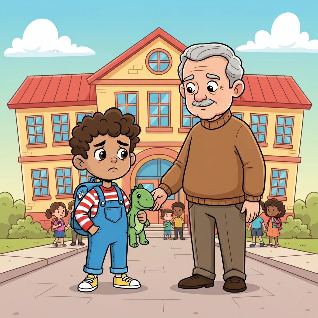 Leo clutched his grandfather's hand tightly, his small face etched with worry. The school loomed large, a colorful building filled with unknown adventures. He didn't want to let go of his grandfather, his best friend in the whole world, as this new journey began.