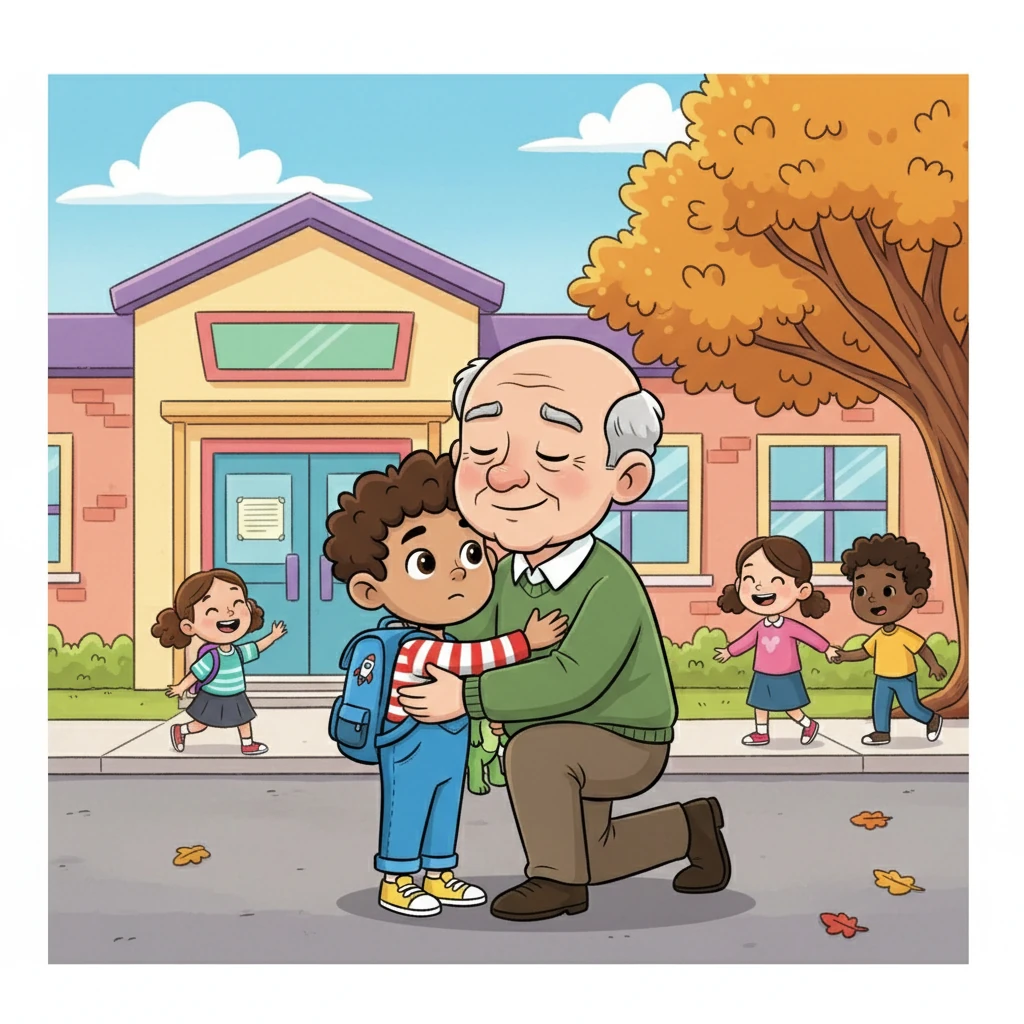 Grandpa smiled, his eyes crinkling at the corners. He knelt down and gave Leo a reassuring hug. He whispered words of encouragement, promising that school would be a wonderful place to learn and make new friends, and he wasn't wrong.