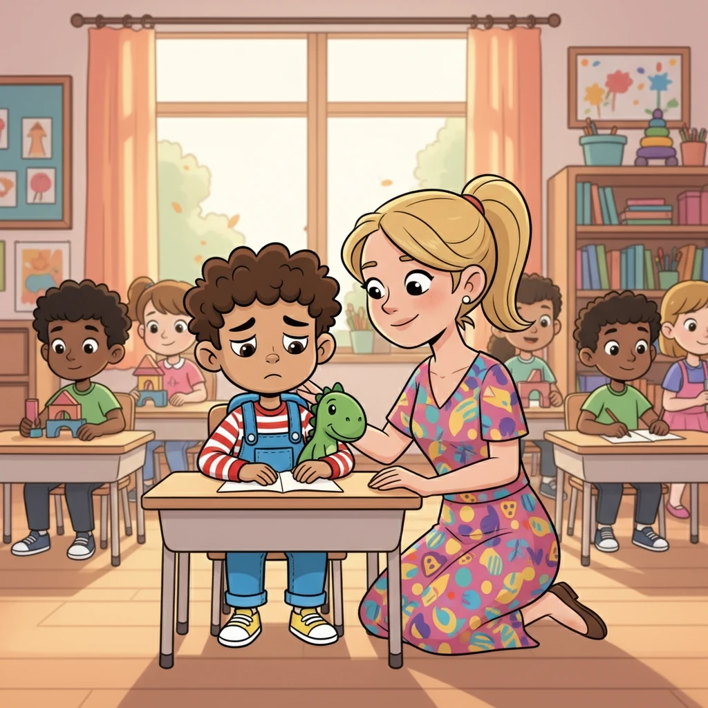 Inside the classroom, Leo sat at a small desk, feeling a little lost. The room was buzzing with the sounds of other children, but he felt alone. Miss Lily, the teacher, noticed his sadness and came to greet him with a gentle smile.