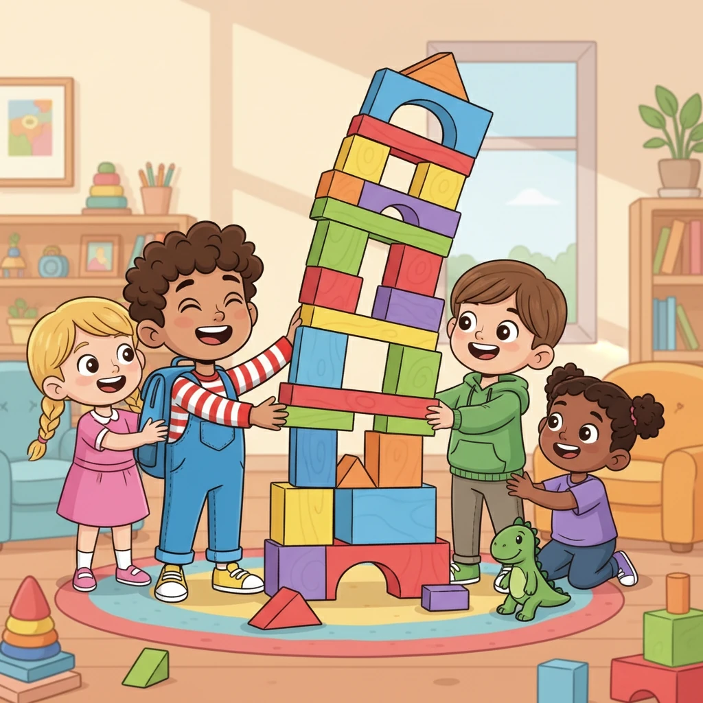 During playtime, Leo hesitantly joined other children building a magnificent tower of colorful blocks. He laughed as it wobbled, and felt a surge of happiness as they all worked together, creating something amazing.