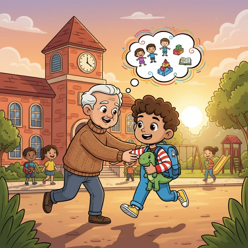 As the day ended, Leo ran into his grandfather's arms, his face now beaming. He couldn't wait to tell him all about the stories he'd heard, the friends he'd made, and all the fun he had. School was no longer a scary place, but a world of wonder.