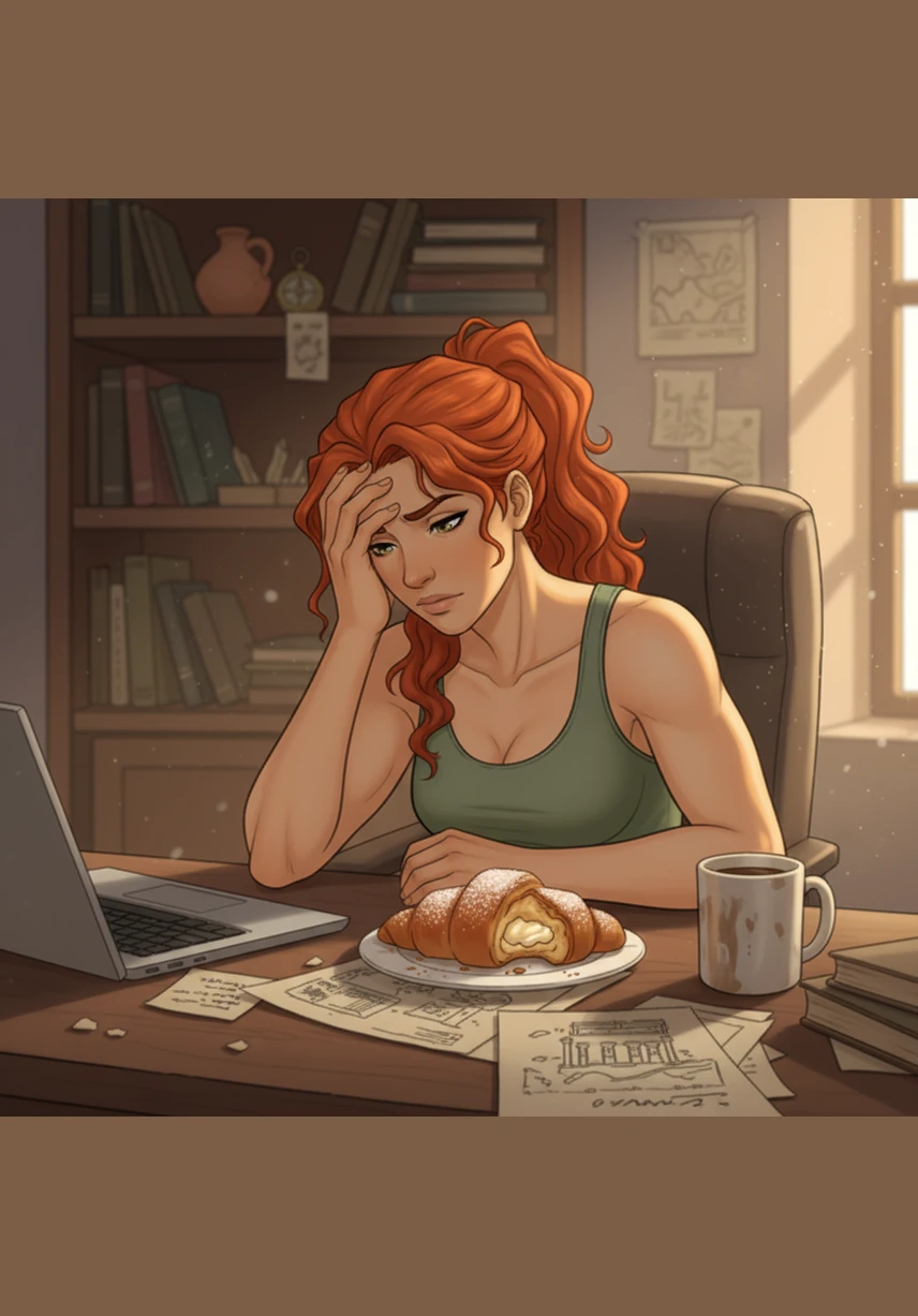 Elena sits at her cluttered office desk, her hand resting on her forehead as she stares at a half-eaten sugary pastry. The afternoon slump has hit hard, leaving her feeling drained and disconnected from her own vitality.