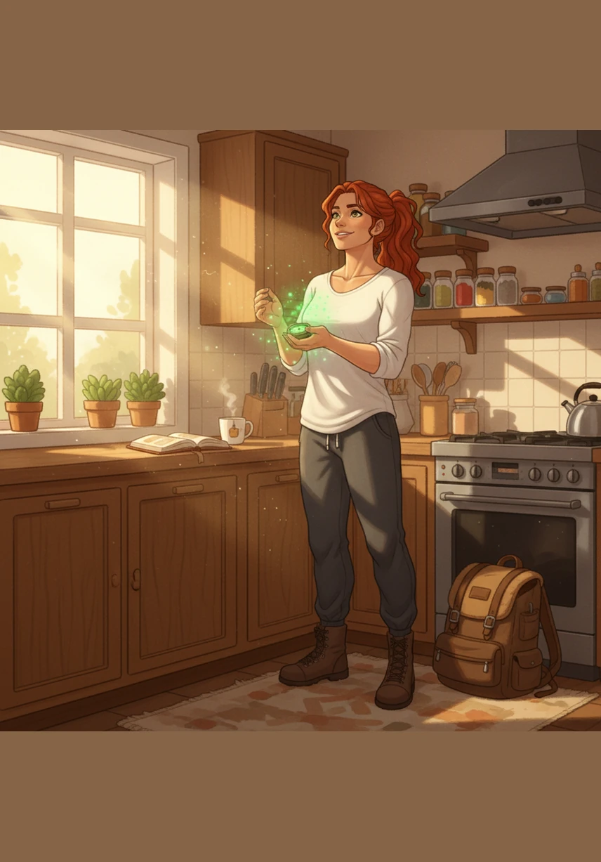 In her sun-drenched kitchen, Elena tosses vibrant vegetables into a blender, creating a glowing green smoothie. The sound of the blades and the smell of fresh ginger fill the air with a sense of renewed purpose.