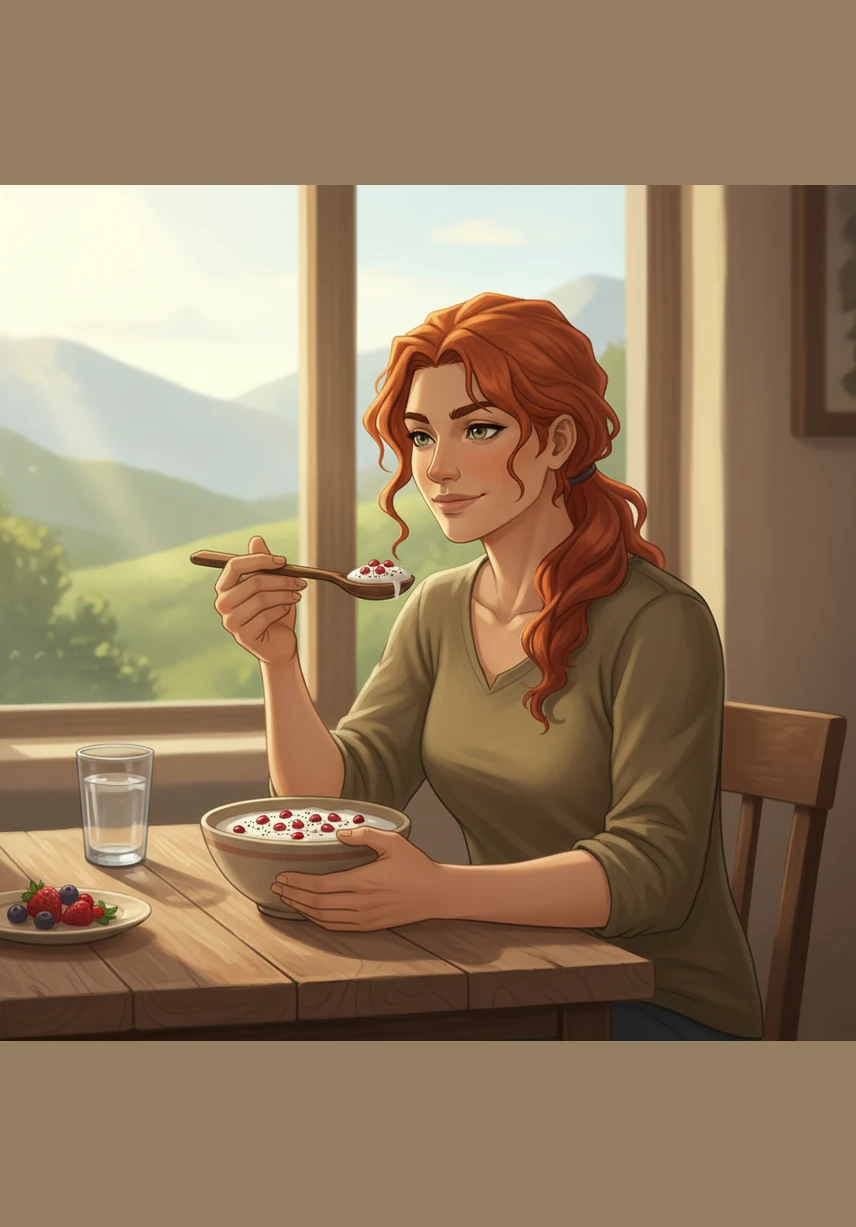Elena sits quietly by a large window, savoring a bowl of yogurt topped with chia seeds and bright pomegranate pearls. The morning light dances across the table, reflecting the newfound peace she feels within her body.