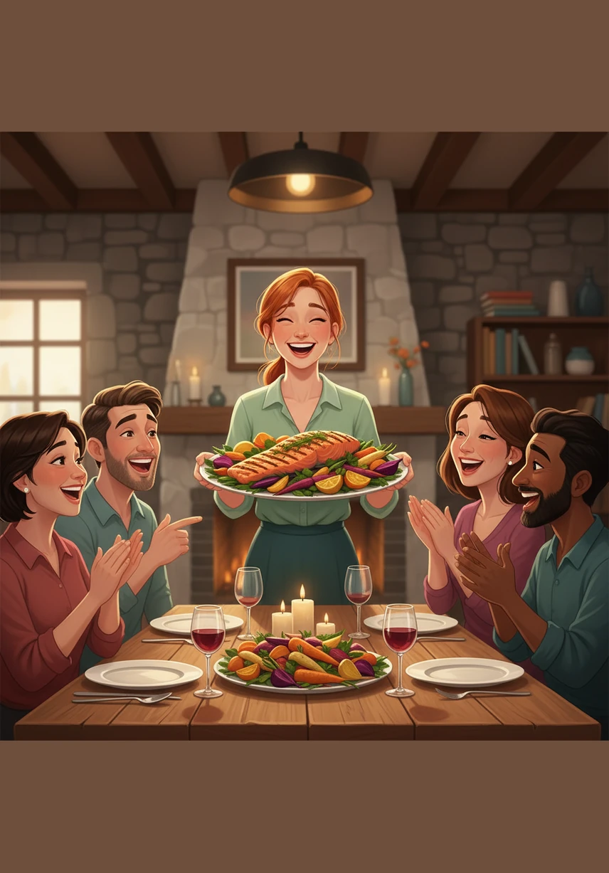 Laughter fills the room as Elena hosts a dinner party, serving a platter of grilled salmon and a rainbow of roasted root vegetables. Her friends are amazed that eating well can look so beautiful and taste so incredibly satisfying.