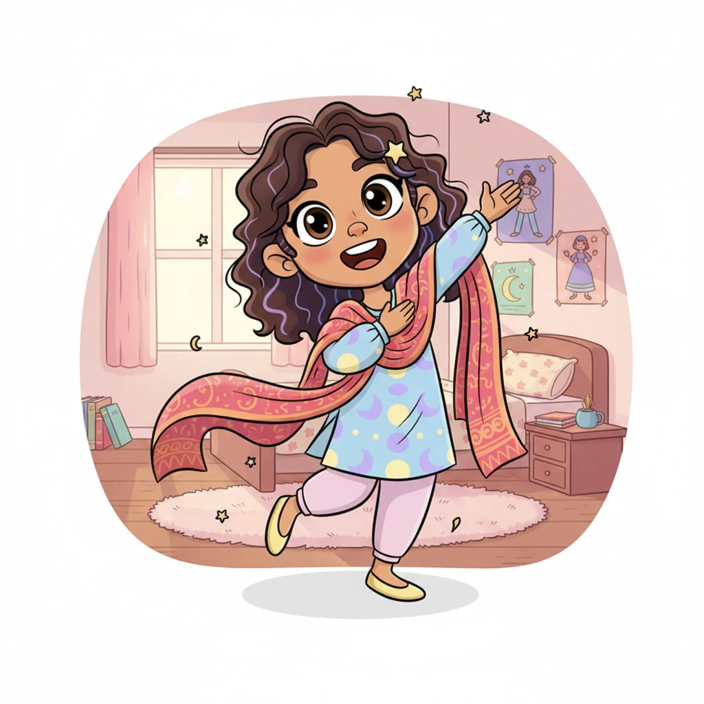 Young Nikila, with sparkling eyes and a cheerful grin, secretly practices fashion poses in her room. She drapes a vibrant dupatta like a glamorous shawl, imagining a grand stage and a thunderous, invisible applause. Her heart beats with the rhythm of a future she longs for, far beyond her quiet bedroom.