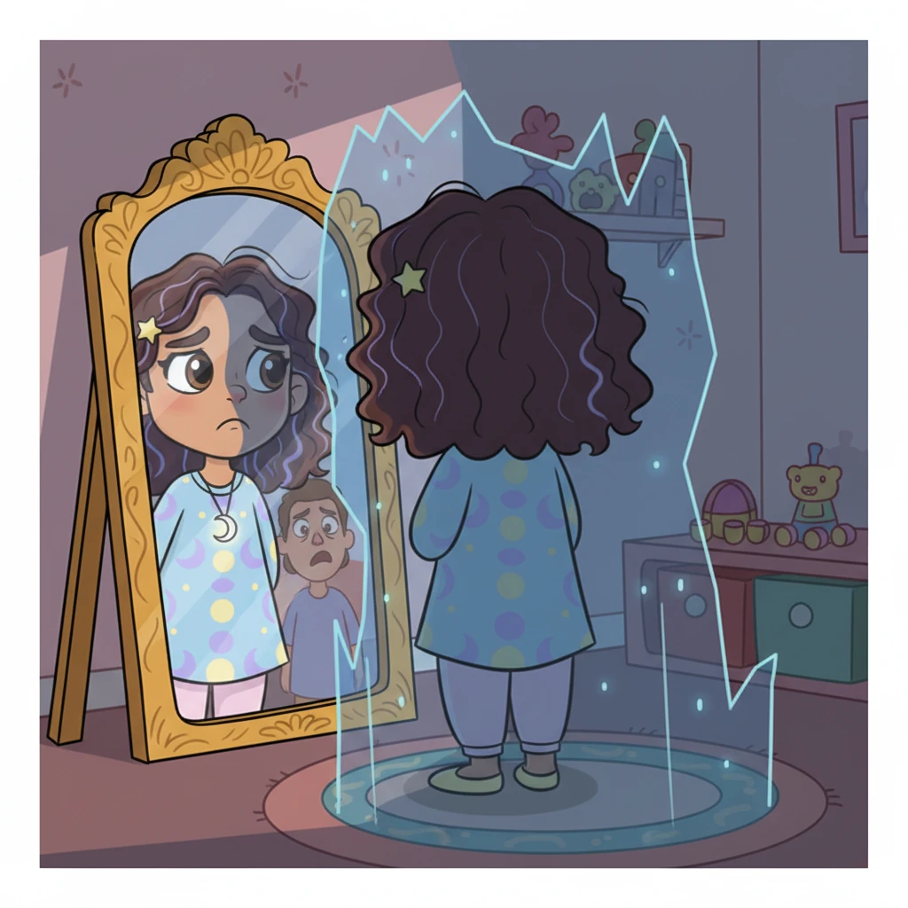 Nikila's bright smile fades as she overhears her family's stern words about pursuing dreams in the spotlight. She turns away from her reflection, a shadow falling over her face as if invisible walls are rising around her once-vibrant aspirations. The mirror, once a friend, now seems to mock her silenced dreams.