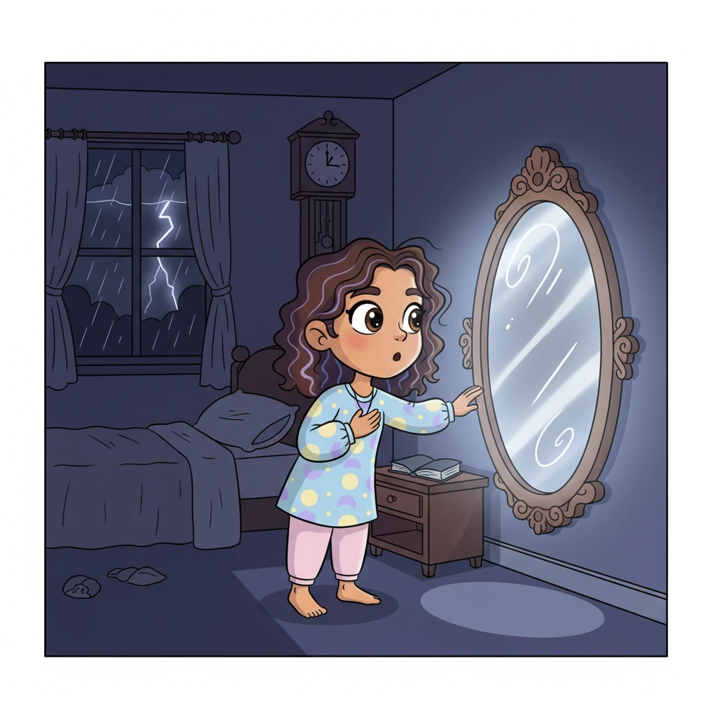 One stormy night, as the clock chimes midnight and the lights flicker out, Nikila's room is plunged into darkness. A soft whisper, 'Nikila...', makes her heart leap. Her gaze is drawn to the old mirror, which begins to glow with an ethereal, silvery light, beckoning her closer.