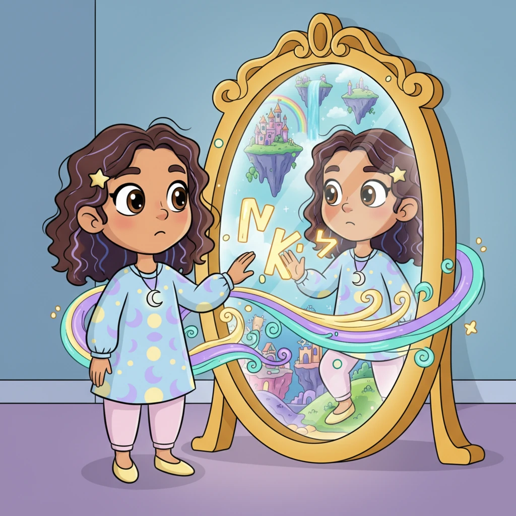 Hesitantly, Nikila reaches out to the glowing mirror. Her reflection inside steps forward, independent of her movements, and shimmering letters form on its surface: 'Are you ready to see your true self?' As her fingertips touch the cool glass, the room swirls with magical energy, revealing a vibrant new world within the mirror's depths.