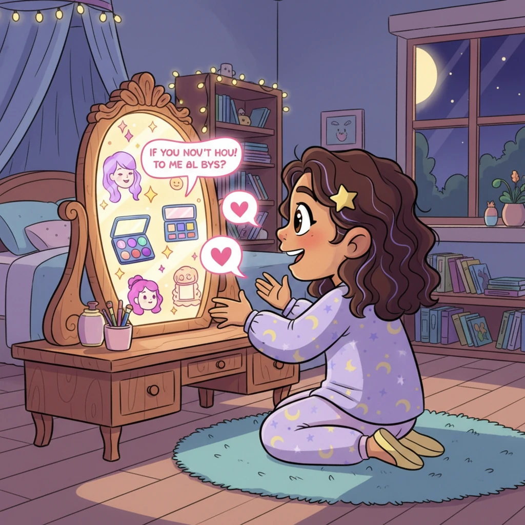 From that night, the magical mirror, Mirayi, becomes Nikila's secret mentor. It transforms into a screen, offering vibrant style tips, makeup tutorials, and heartfelt encouragement. When others enter her room, it instantly reverts to an ordinary mirror, keeping their special bond a secret.