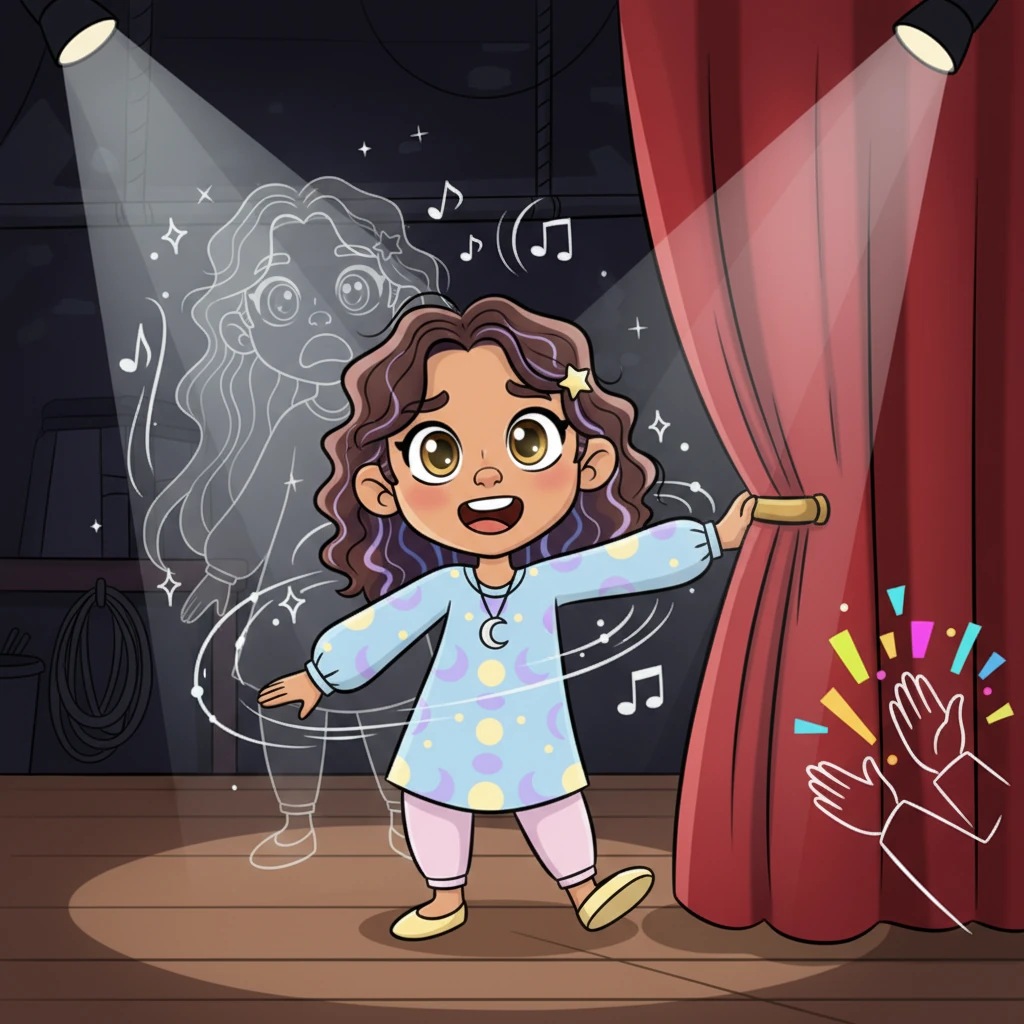 Backstage, just before her moment, overwhelming fear grips Nikila. The stage lights are blinding, the audience's roar deafening. Then, a soft silver glow appears backstage, and she hears Mirayi's comforting voice, 'You are not alone.' Her fear vanishes, replaced by a radiant confidence as she walks onto the stage, earning thunderous applause and victory.