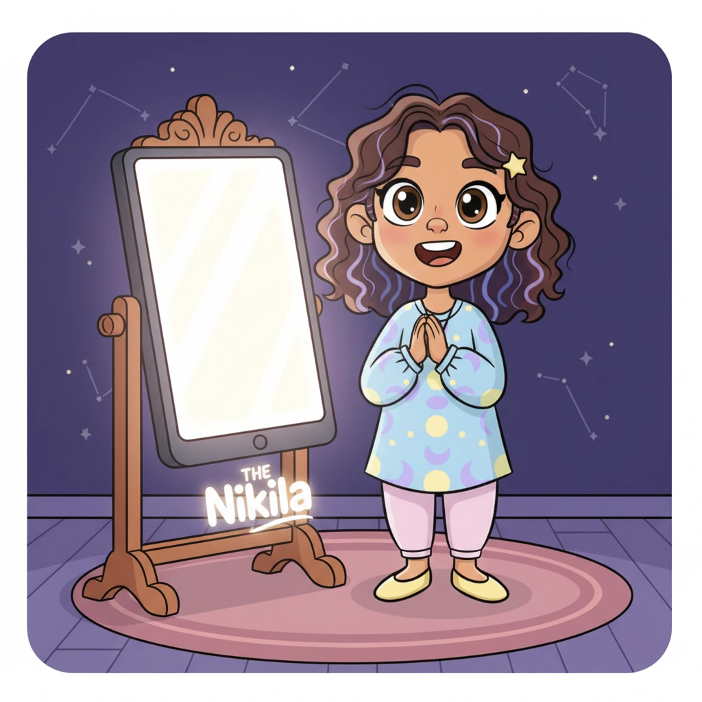 That night, overflowing with joy, Nikila thanks the mirror. Mirayi glows, saying, 'Now you are ready.' The old mirror dramatically transforms, not breaking, but evolving into a sleek, modern touchscreen device. Below, a luminous logo appears: ✨ MIRAYI ✨.
