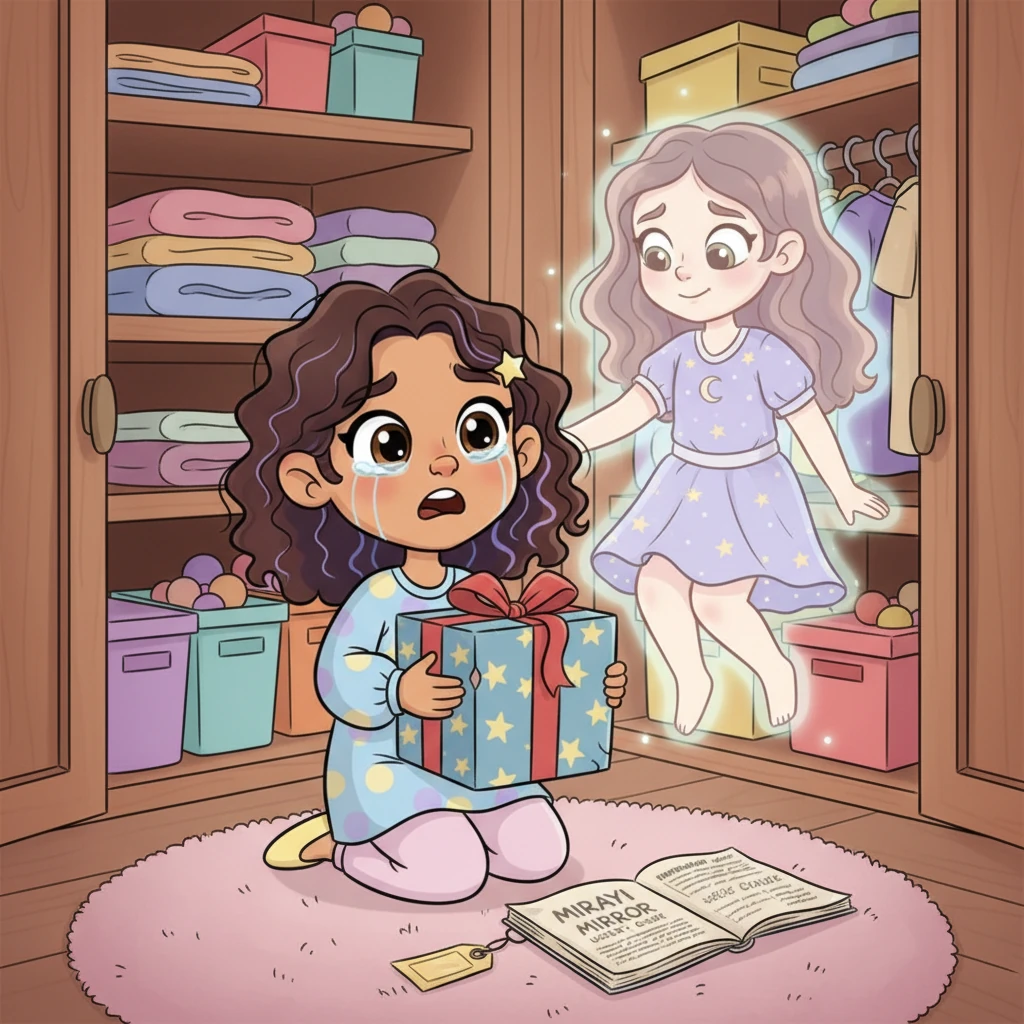 Nikila discovers an old, unopened birthday gift box in her closet, containing a manual for the Mirayi mirror. Tears well up as she realizes her father had supported her dream all along, secretly providing the magical mirror. Mirayi gently whispers, 'Sometimes what we fear isn't magic… but the love for us.'