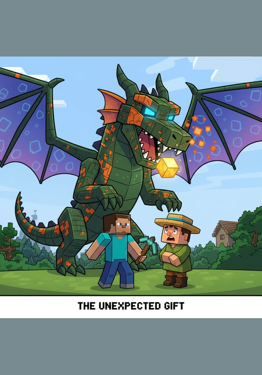 Steve opens his eyes to a vibrant world made entirely of cubes, where the sun rises over pixelated green hills. He feels a spark of curiosity as he stands amidst the rustling oak trees and square-shaped flowers.