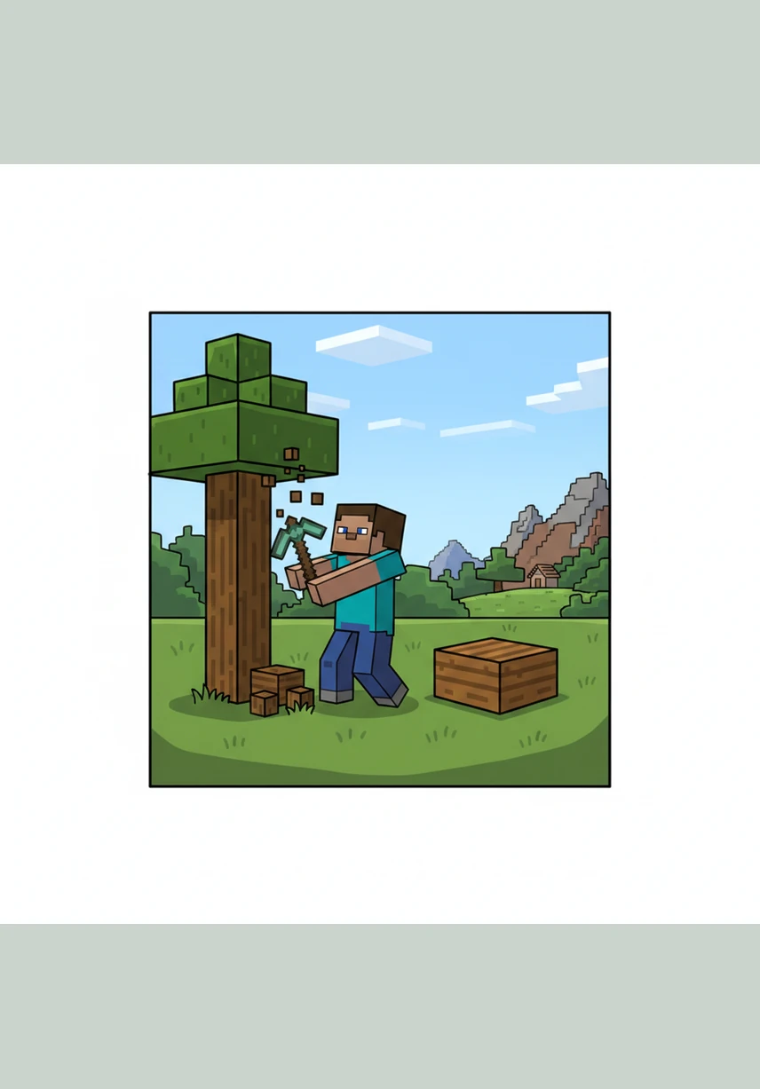 With a determined spirit, Steve gathers his first resources by harvesting wood from the tall trees. He uses the timber to craft a sturdy workbench, the first step in his journey to becoming a master builder.