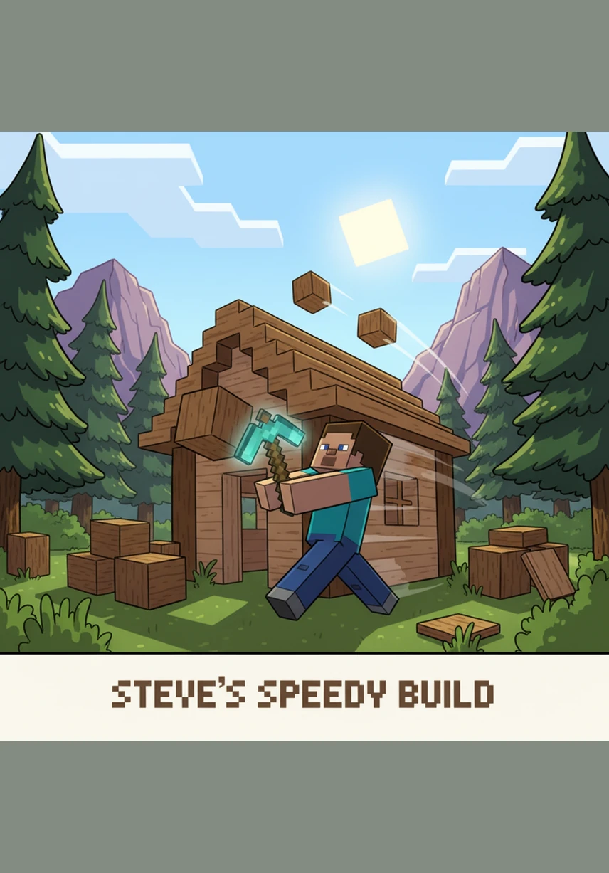 As the sun begins to dip below the horizon, Steve quickly assembles a cozy wooden cabin. He places a torch by the door, casting a warm glow against the approaching shadows of the vast wilderness.