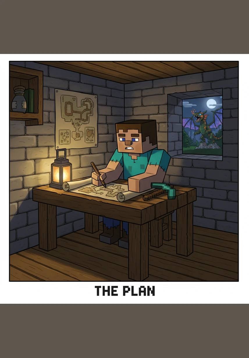 Outside his window, strange creatures emerge from the darkness under the silver moon. Steve watches the glowing eyes of spiders and the slow movements of zombies, grateful for the safety of his humble home.