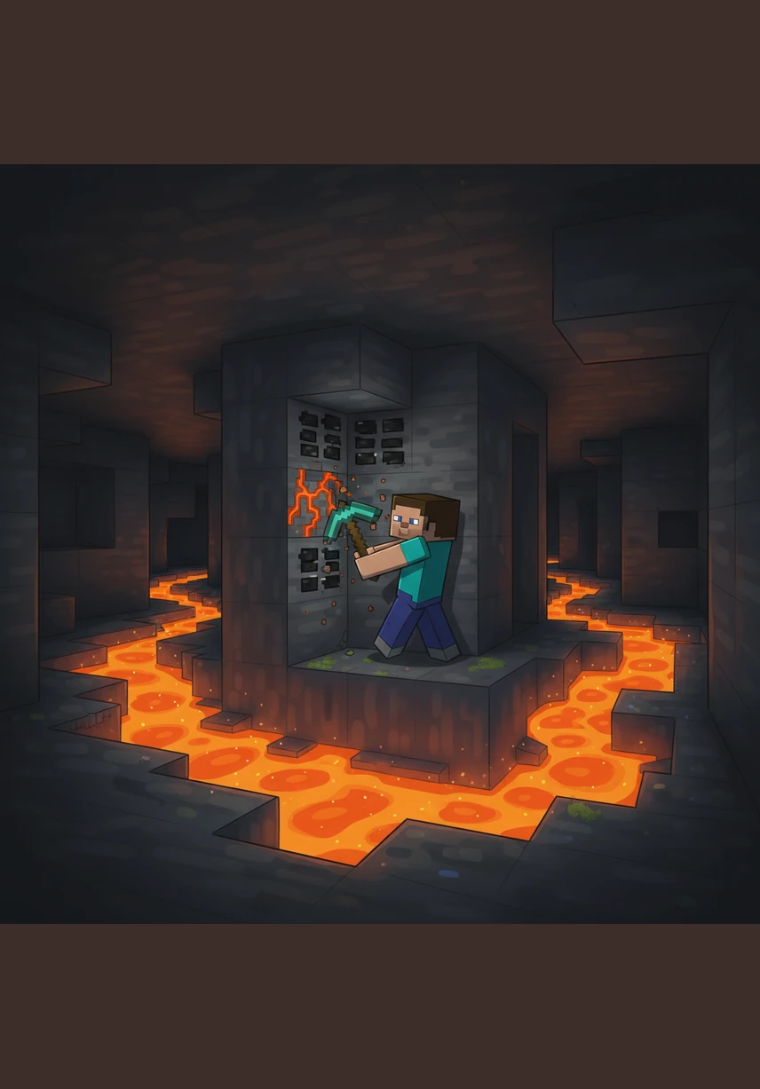 Deep beneath the earth, Steve explores winding caverns lit by flickers of orange lava. He swings his pickaxe against the stone walls, uncovering sparkling veins of iron and precious coal.