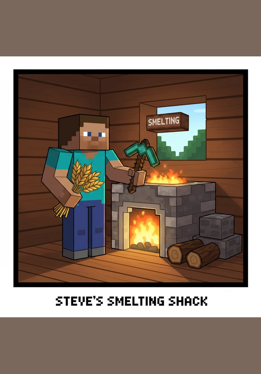 Back at his furnace, Steve smells the heat as he smelts the raw ore into shining ingots. He crafts a suit of iron armor and a sharp sword, feeling ready to face any challenge the world throws his way.