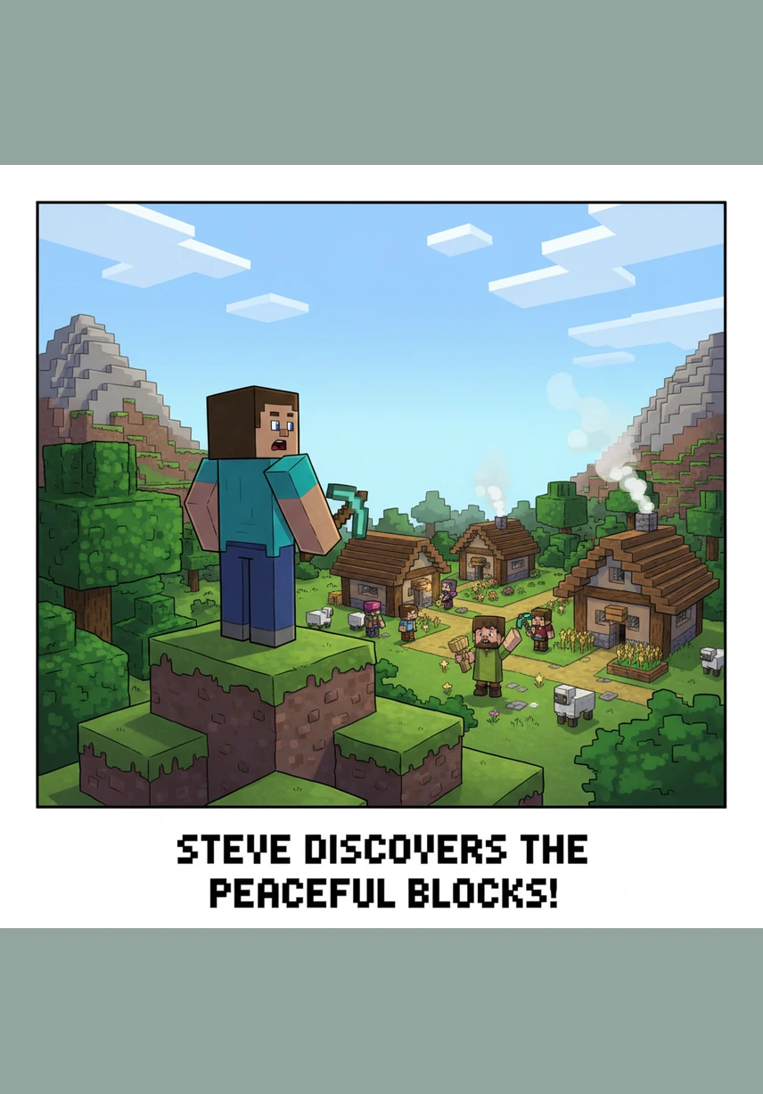 Steve travels across wide oceans and through dense jungles, discovering a peaceful village filled with friendly locals. He trades his gathered treasures for magical books and maps that point toward a mysterious portal.